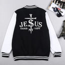Jesus Saved My Life Jacket – Varsity streetwear with a bold message
