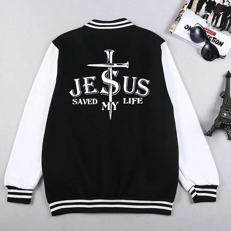 Jesus Saved My Life Jacket – Varsity streetwear with a bold message