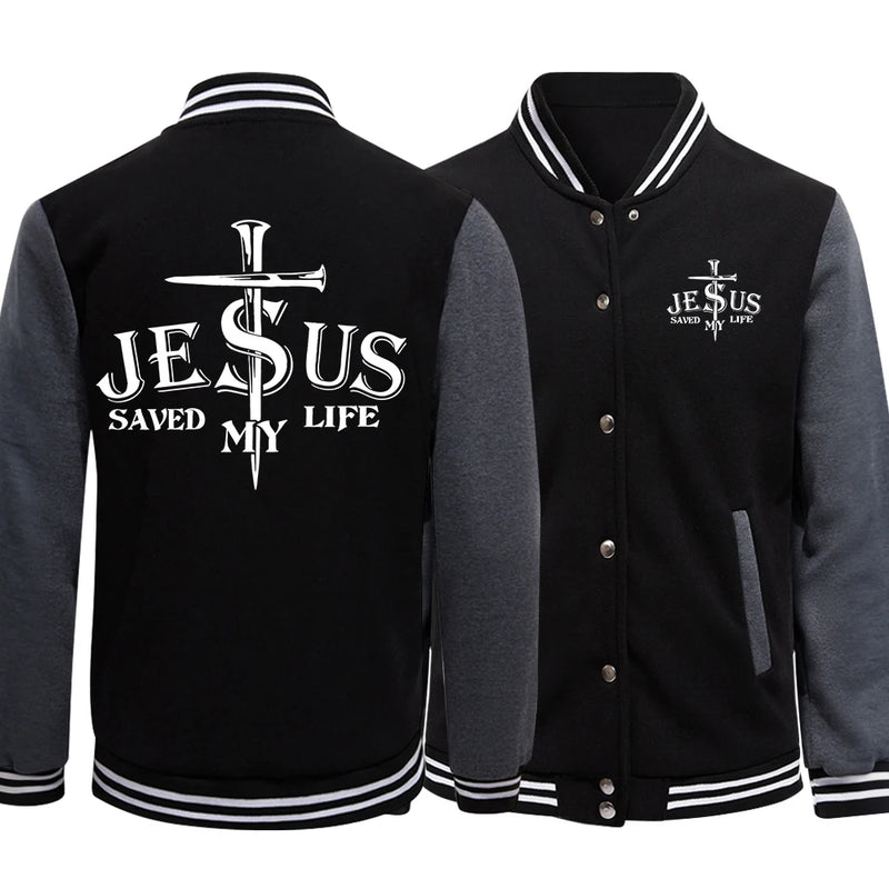 Jesus Saved My Life Jacket – Varsity streetwear with a bold message