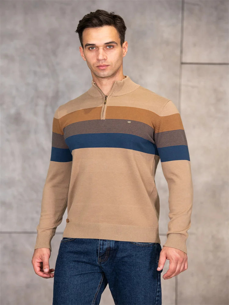 Patchwork Mock Neck Sweater – Modern warmth with a casual edge